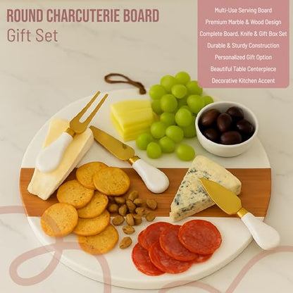 Marble Charcuterie Board Gift Set – 12" Round Cheese Board with 3 Gold Stainless Steel Knives, Leather Strap & Gift Box | Housewarming Gifts for Women, Bridal Shower, Wedding & Hostess Gift