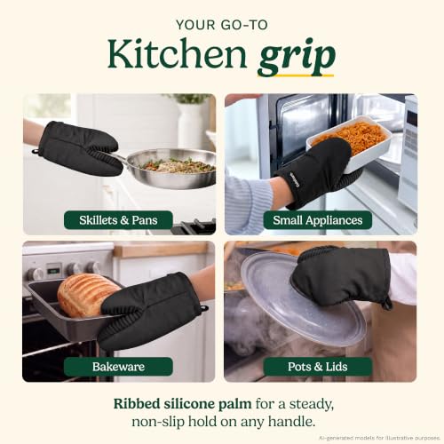 Cuisinart Mini Oven Mitts, 2-Pack 5"x8.5", Heat Resistant 500F | Compact pot holder for baking, air fryer, and cookware, silicone non-slip grip, hanging loop, fits either hand, wipes clean - color: Black