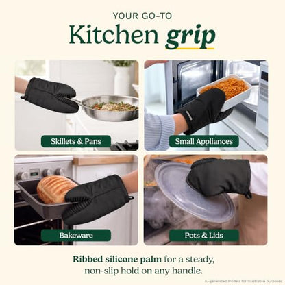 Cuisinart Mini Oven Mitts, 2-Pack 5"x8.5", Heat Resistant 500F | Compact pot holder for baking, air fryer, and cookware, silicone non-slip grip, hanging loop, fits either hand, wipes clean - color: Black