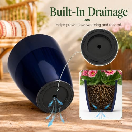 Neoaider Set of 3 Tall Planter, 24/21/12in Large Plastic Planter, Blue | Ceramic-Look, Lightweight, Built-in Drain Hole, Saucers, Tall Outdoor Planter for Porch, Garden, Patio, Balcony - color: Blue