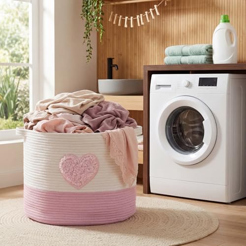 LemonRoad Pink Heart Extra Large Cotton Rope Basket 20"x14", Embroidered Woven Baby Laundry Blanket Basket Box with Handle Storage, Blanket Storage for Living Nursery Pillows Laundry Baby Toy Chest - style: Heart