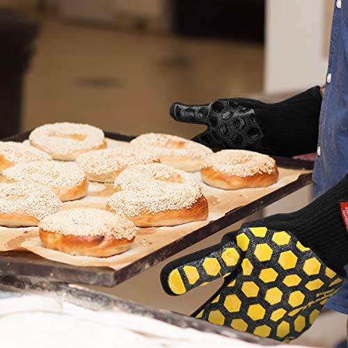 J H Heat Resistant Oven Glove:EN407 Certified 932 °F, 2 Layers Silicone Coating, Oven Mitts for Cooking, Kitchen, Fireplace,Camping, Grilling (Black/Yellow, Extra Long Cuff) - color: Black/Yellow, size: Extra Long Cuff