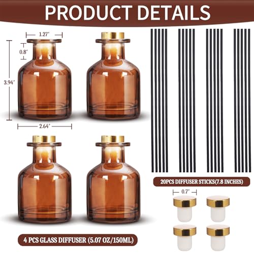 4 Pack Perfume Reed Diffuser Bottle,Empty Big Belly Aromatherapy Essential Oil Bottles Glass Jar with Black Sticks for DIY Fragrance Replacement Diffuser Sets (150ml/ 5 oz, Dark Brown Color) - color: Dark Brown( 5 Oz )