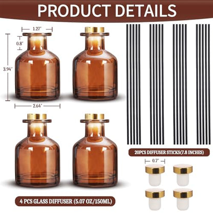 4 Pack Perfume Reed Diffuser Bottle,Empty Big Belly Aromatherapy Essential Oil Bottles Glass Jar with Black Sticks for DIY Fragrance Replacement Diffuser Sets (150ml/ 5 oz, Dark Brown Color) - color: Dark Brown( 5 Oz )