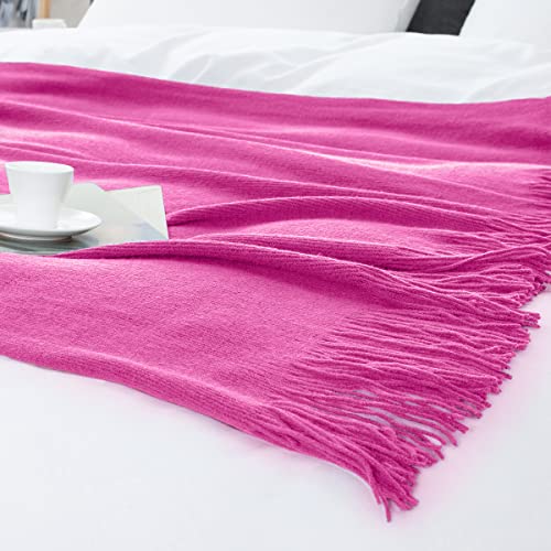 Vonty Hot Pink Knitted Blanket with Tassels Fringe 60" x 80", Super Soft Knit Throw Blanket, Farmhouse Decorative Lightweight Blanket for Couch, Sofa, Bed | Super Soft And Lightweight, Year-Round Cozy Warmth, Farmhouse Decorative Style, Machine Washable,