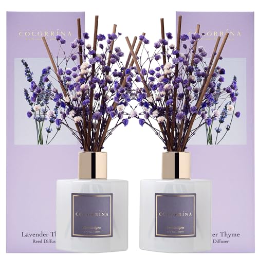 Premium Reed Diffuser Set with Preserved Baby's Breath & Cotton Stick Lavender Thyme 2 Packs, 6.7oz Scent Fragrance Oil Diffuser for Bedroom Bathroom Home Décor - size: 6.7 Ounce/2pack