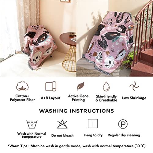 Divination Tarot Card Snake Skull Devil Eyes Throw Woven Blanket with Tassel for Home Decoration Chair Couch Sofa Bed Beach Travel Picnic Cloth Tapestry Shawl Cozy Cotton (Pink 63×51 Inches)