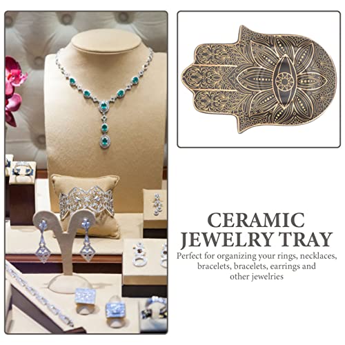 Zerodeko Ceramic Jewelry Tray Palm Shape Eye Trinket Dish Jewelry Storage Tray for Rings Earrings Bracelets Necklaces Desk Dresser Bathroom Decor 6.49 X 4.52 X 0.59 in