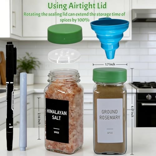 Spice Jars with Labels - 24 Glass Spice with Shaker Lids & Airtight Plastic Caps - 4oz Complete Seasoning Containers Organizer Set for Cabinet, Drawer & Rack (Green) - color: Green