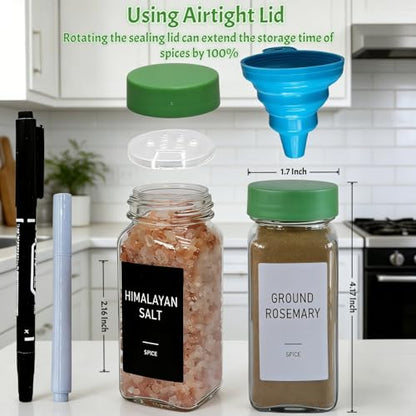 Spice Jars with Labels - 24 Glass Spice with Shaker Lids & Airtight Plastic Caps - 4oz Complete Seasoning Containers Organizer Set for Cabinet, Drawer & Rack (Green) - color: Green