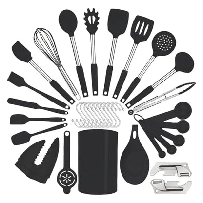 Silicone Kitchen Cooking Utensils Set with Stainless Steel Handle, Spatula Set Utensil Set, Cooking Utensil Set,Kitchen Tools Gadgets for Nonstick Cookware (35, Black) - color: Black