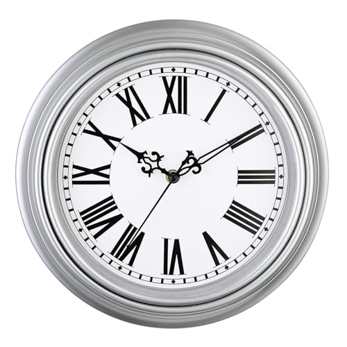 Plumeet Retro Wall Clock, 12'' Non Ticking Classic Silent Vintage Wall Clocks Decorative Kitchen Living Room Bedroom, Roman Numerals, Battery Operated, Silver - color: Silver, size: 12''