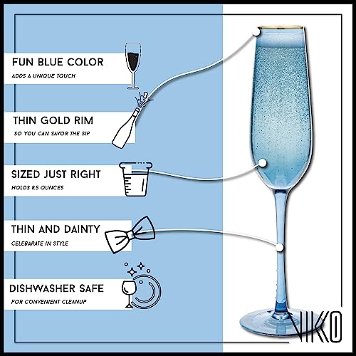 Vikko Champagne Flutes, 8.5 Ounce Toasting Champagne Flute, Blue with Gold Rim Crystal Clear Champagne Glasses, Set of 2 Elegant Sparkling Wine Glasses