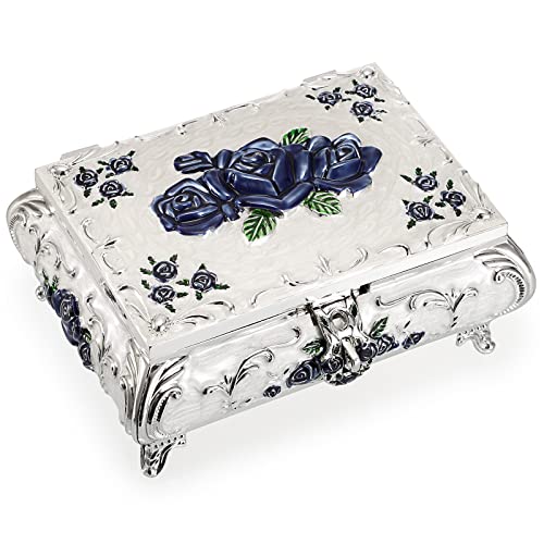 Hipiwe Vintage Metal Jewelry Box Christmas Birthday Gift for Women | Ornate Treasure Chest Case Trinket Keepsake Organizer for Earrings Necklace Bracelet Ring, White with Blue Rose - color: White, size: Large
