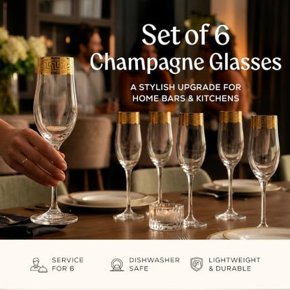 Joseph Sedgh Collection Greek Key Champagne Flute Glasses Set of 6-6.8 oz Round Cylinder Champagne Glasses with Stem, Dishwasher Safe Premium European Grade Glassware