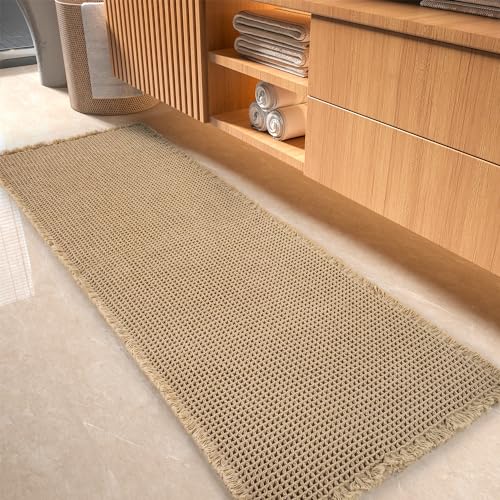 tchdio Waffle Bath Mat-Runner Rug, Super Absorbent Non Slip Bath Mats for BathroomMachine Washable Long Rugs with Tassels, Bath Rugs for Bathroom Floor Beside Tub, 2' x 5', Brown - color: Brown, size: 24" x 60"