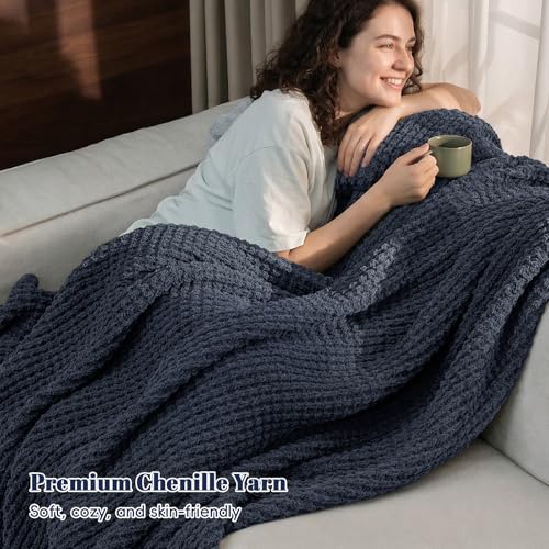 PHF Chenille Waffle Knit Throw Blanket- Plush Warm & Cozy 50" x 60" Ultra Soft Blanket- Chunky Fluffy Waffle Throws for Couch Bed Sofa - Navy Blue - color: Navy Blue, size: Throw(50"X60")