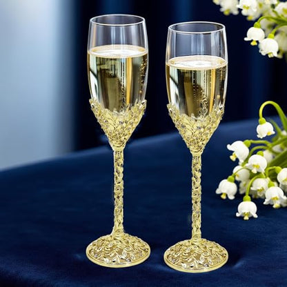 Gold Champagne Flutes -His and Hers,Wedding Toasting Glasses for Wedding,Engagement Celebrations, Bridal Shower and Registry Idea,Wine Glasses for Bride and Groom Gifts,7oz (Light Glod) - color: Light Glod