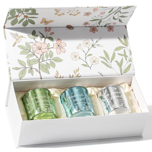Scented Candles for Women, 3 Pack Soy Wax Candle Gift Sets for Home Scented | Holiday Votive Candle Gifts Set, Christmas Birthday Gifts for Women Mom Friend - Eucalyptus Mint/Bergamot Jasmin/Sage Citrus - color: Silver, Sage Green, Blue