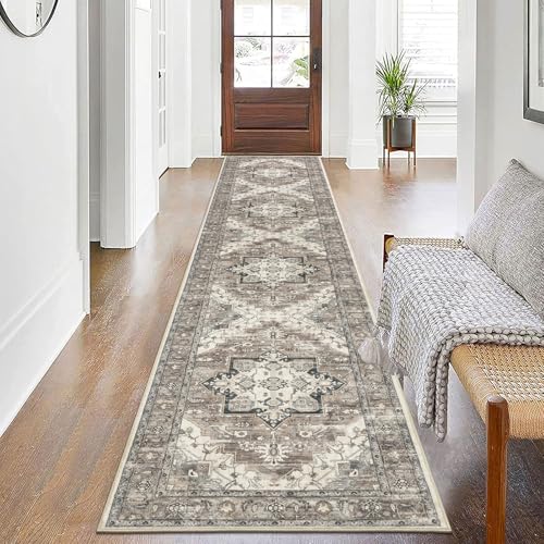 Pauwer Vintage Floral 2x10 Runner Rug, Non Slip Hallway Runner, Grey Brown | Machine Washable, Faux Wool, Low-Pile, Non-Shedding, Soft Distressed Floor Carpet For Entryway, Laundry, Bedroom, Kitchen - color: Grey Brown, size: 2' x 10' (Runner)