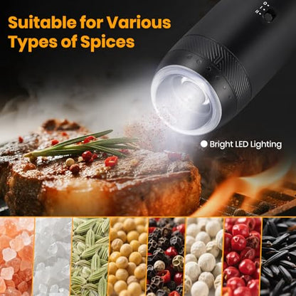 Rechargeable Gravity Electric Salt Grinder Set,Black | w/ Variable Grinding Speed, External Adjustable Coarseness, External Adjustable Coarseness, Charging Base and White LED Light - color: Black with Charging Base