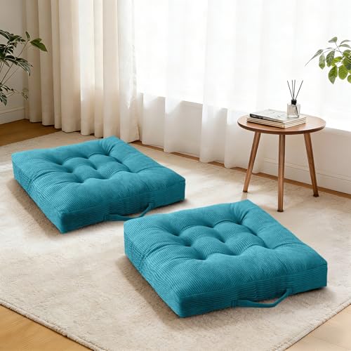 Turquoise 2 Pack Corduroy Floor Sitting Cushions with Handles | 18x18 Inch Floor Pillow, Portable Chair Pads for Meditation Yoga Indoor Use - color: Turquoise