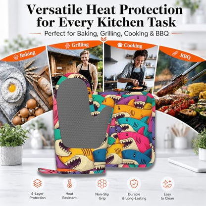 Cartoon Shark Oven Mitts and Pot Holders Sets Non-Slip Silicone Surface for BBQ Gloves,Kitchen,Cooking,Baking,Grilling - color: Cartoon Shark