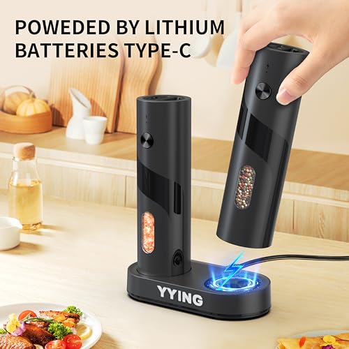 Electric Salt and Pepper Grinder Set Automatic Pepper Mill Grinder | Charging Base & LED Light, Adjustable Coarseness, Large Capacity, One-handed Operation, for Kitchen, Restaurant, Outdoor
