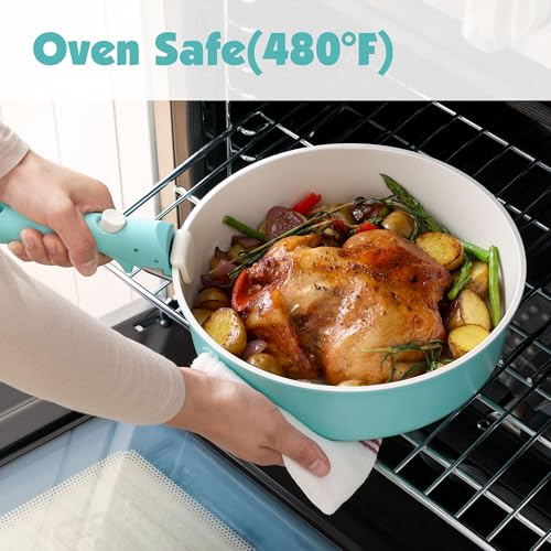 SENSARTE 24 Piece Ceramic Detachable Handle Pots and Pans Set Turquoise | Ceramic Cookware Set, Induction Cookware Set with Removable Handle, Healthy Non Stick for RV, Dishwasher ＆ Oven Safe - color: Turquoise, size: 24 Piece