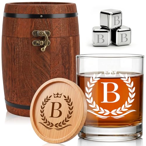 Personalized Whiskey Glass Gift Set with Custom Initial A-Z Rocks Glass, Personalized Chilling Stones & Coaster in Vintage Wooden Oak Barrel Box - Birthday Gifts for Men Dad Husband(B) - color: Letter-B