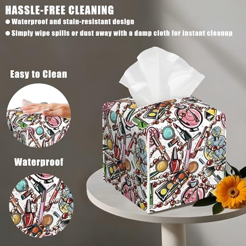 Scattered Cosmetics Tissue Box Cover Square, Perfume and Lipstick Tissue Box Holder with Bottom Belt Leather Facial Paper Organizer Dispenser for Bathroom Bedroom Dresser Night Stand Tabletop - color: Scattered Cosmetics