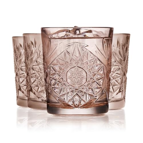 Libbey Hobstar Double Old Fashioned Glasses,Rose Colored Cut Glass Drinking Glasses Set of 4, Durable, Vintage Whiskey Glasses for Cocktail, Drinks - color: Hobstar Rose