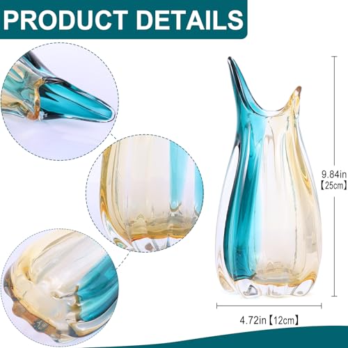 Hand Blown Glass Vase, Medium Wide Mouth Flower Vase Unique Modern Turquoise Glass Art Decor, Nonbreakable Vases for Table Centerpieces Living Room Decorative Amber and Teal Vase - size: Medium