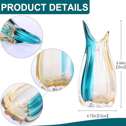 Hand Blown Glass Vase, Medium Wide Mouth Flower Vase Unique Modern Turquoise Glass Art Decor, Nonbreakable Vases for Table Centerpieces Living Room Decorative Amber and Teal Vase - size: Medium
