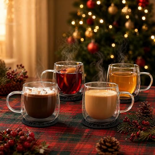 Glass Coffee Mugs Set Of 4, 10oz Double Walled Insulated Glass Mugs with Handle and Coaster, Heat Resistant Borosilicate Clear Glass Cups for Espresso Latte Cappuccino, Tea Bag, Beverage - size: 4 Pack+4 Coasters