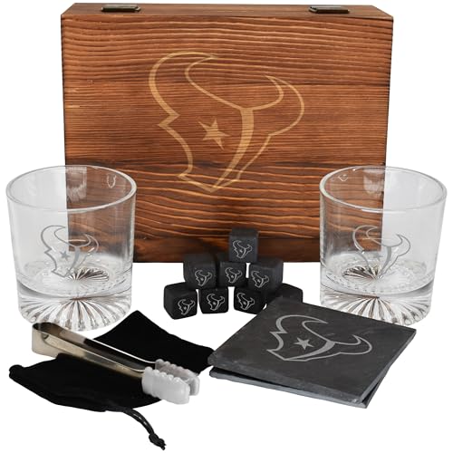The Memory Company Licensed NFL Wood Boxed Drinkware Gift Set - Includes 2 Premium Rock Glasses, Cooling Cubes, Tongs, and Coasters, Houston Texans - color: Houston Texans