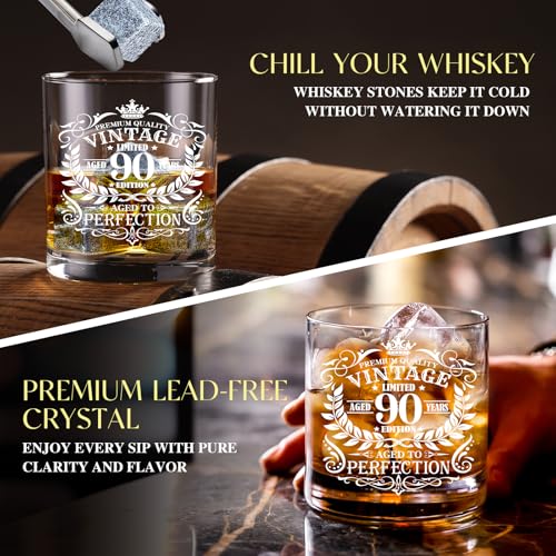 90th Birthday Gifts for Men Whiskey Glass Set, 90th Birthday Party Supplies with 11 Oz Whiskey Glass Coaster Stone Baseball Cap Apron Sock Toilet Paper Keychain for Him, Dad, Husband, Friends - style: 90th Birthday