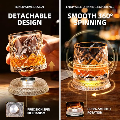 Luxury 360° Spinning Crystal Whiskey Glass Set Of 2, Rotating Old Fashioned Rocks Glasses & & 4 Color Lighting, Scotch & Bourbon, Cocktail Glasses for Bar, Party, Home, and Gift (Diamond) - color: Diamond