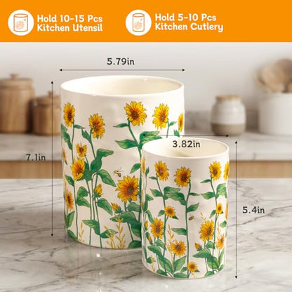 Sunflower Utensil Holder, 7.1"+5.4" Ceramic Utensil Holder for Kitchen Counter, Cooking Utensil Crocks for Countertop, Utensil Storage Container Organizer for Spoon, Sunflower Farmhouse Kitchen Decor