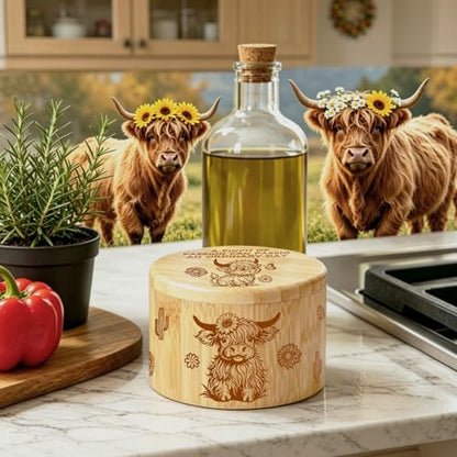 Bamboo Salt Cellar With Swivel Lid Highland Cow Salt Container Built-In Spoon And Magnetic Clasp Ideal For Salt, Sea Salt, Pepper, Sugar And Spices