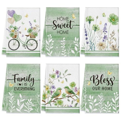 6 Pack Summer Floral Kitchen Towels Sets | Wildflower Hummingbirds Branches Hand Dish Towels for Kitchen Bathroom Home Supplies Housewarming Gift 16 - color: Green, style: Spring Nature