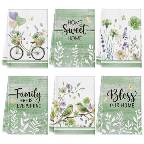 6 Pack Summer Floral Kitchen Towels Sets | Wildflower Hummingbirds Branches Hand Dish Towels for Kitchen Bathroom Home Supplies Housewarming Gift 16 - color: Green, style: Spring Nature