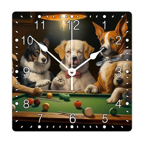 Funny Dog Playing Billiards Wall Clock Dog Mom Dad Wooden Wall Clocks Battery Operated 12 Inch Silent Farmhouse Wall Decor Home Decor for Bedroom Living Room Kitchen School Office - color: Style, size: 12x12 in