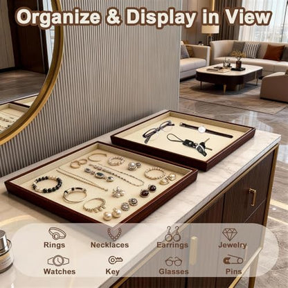 Large Solid Wood Jewelry Watch Tray, Velvet Jewelry Board Display Trays for Key Wallet Ring，Stackable Wooden Jewelry Drawer Organizer Showcase Jewelry Holder(Beige) - color: Beige