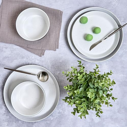 Sango 12-Piece Stoneware Dinnerware Set for 4, Modern White & Black Plates and Bowls Sets with Speckled Glaze, Durable Kitchen Ceramic Dish Set, Microwave & Dishwasher Safe Everyday Dishes, Stockholm - color: Black/White, size: 12-Piece Set
