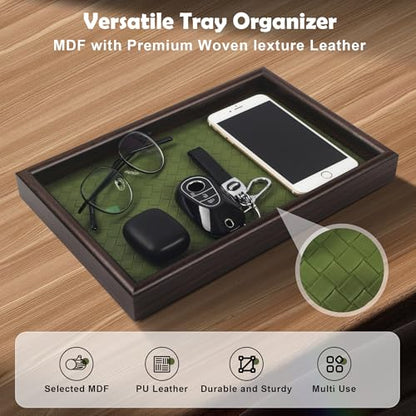 Wooden Valet Tray with Leather Base - Nightstand Catchall Organizer for Cologne, Perfume, Keys, Wallet, Phone, Watch, Jewelry & Sunglasses (Green) - color: Green