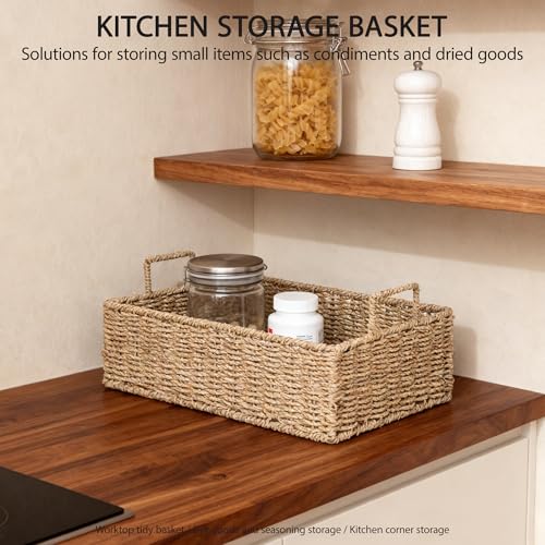 Woven Seagrass Wicker Storage Basket Set of 2 with Wooden Lids | Stackable Basket with Handles, Rectangular Decorative Basket for Shelves Home, Closet & Desktop Organization