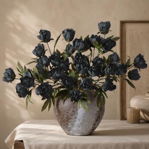 8 Pcs Artificial Peony Flowers, Faux Silk Peonies Stems with Distressed Leaves, Fade Resistant Floral Branches for Vase, DIY Bouquet, Home Decor Indoor Outdoor Wedding Table Centerpiece (Dark) - color: Dark