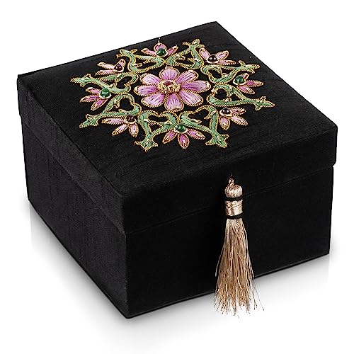 Handmade Embroidered Jewelry Storage Box with Ruby Gemstone, Small Decorative Keepsake Box, Trinket Box, Memento Box, Gift Presentation Box, Home Décor Accent - color: Pink with gold embroidery