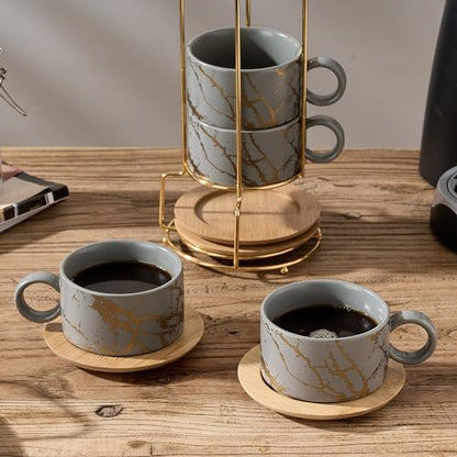 LUKA 6 Ounce Porcelain Stackable Espresso Cups with Saucers and Metal Stand Set of 4, Ceramic Cappuccino Cups Set for Specialty Coffee Drinks, Latte, Cafe Mocha and Tea, Gray - color: Gray